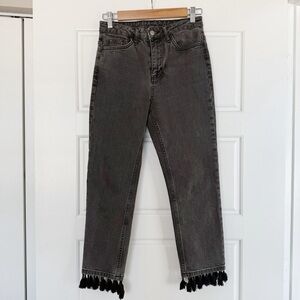 Topshop Charcoal High-Rise Cropped Jeans with Tassel Hem